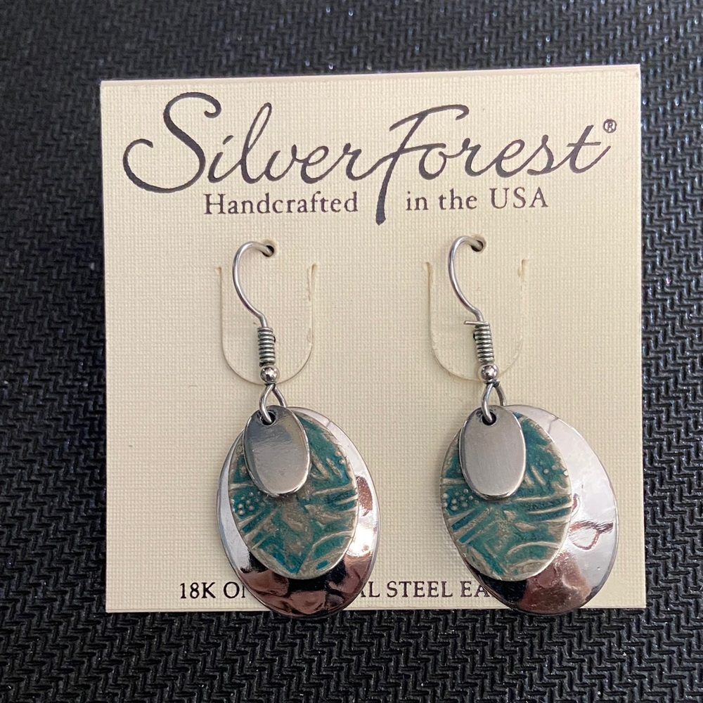 Silver Forest Teal and Silver Layered Earrings